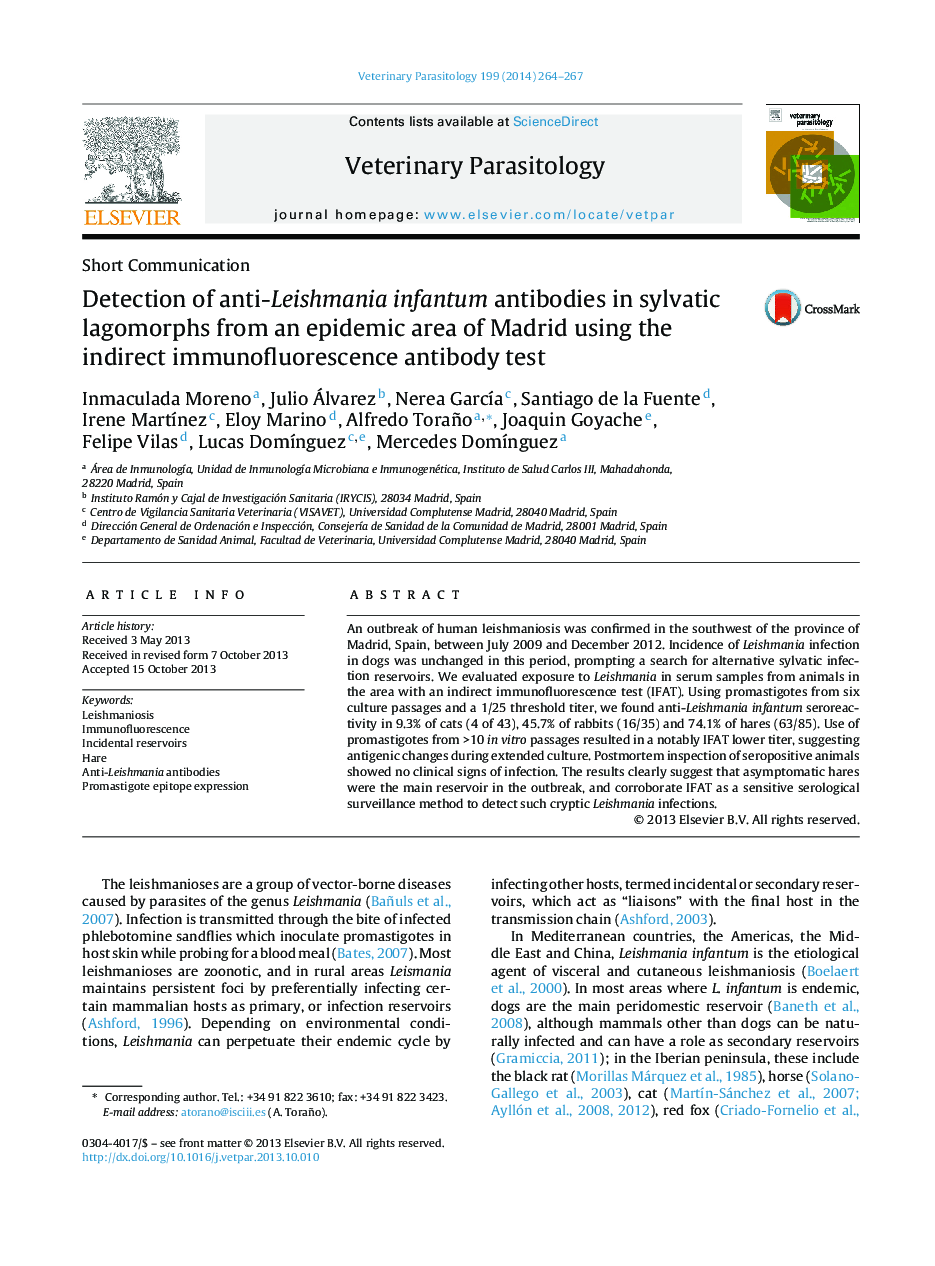 Detection of anti-Leishmania infantum antibodies in sylvatic lagomorphs from an epidemic area of Madrid using the indirect immunofluorescence antibody test