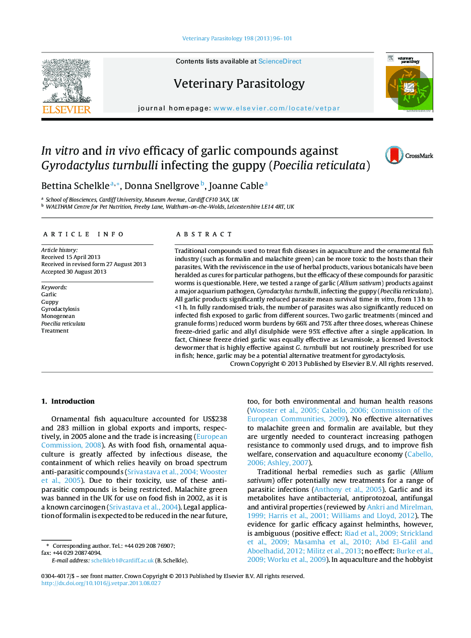 In vitro and in vivo efficacy of garlic compounds against Gyrodactylus turnbulli infecting the guppy (Poecilia reticulata)