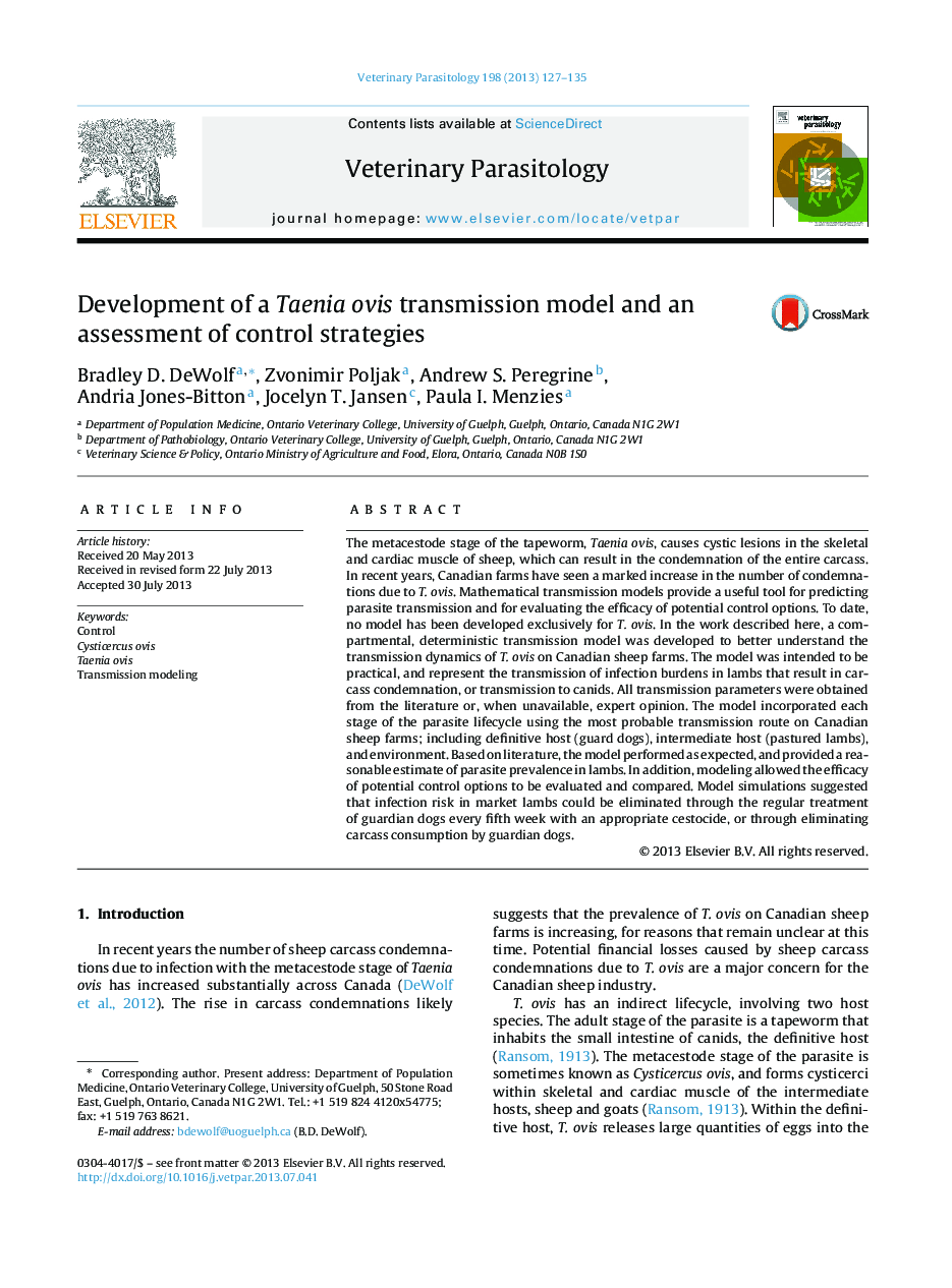 Development of a Taenia ovis transmission model and an assessment of control strategies