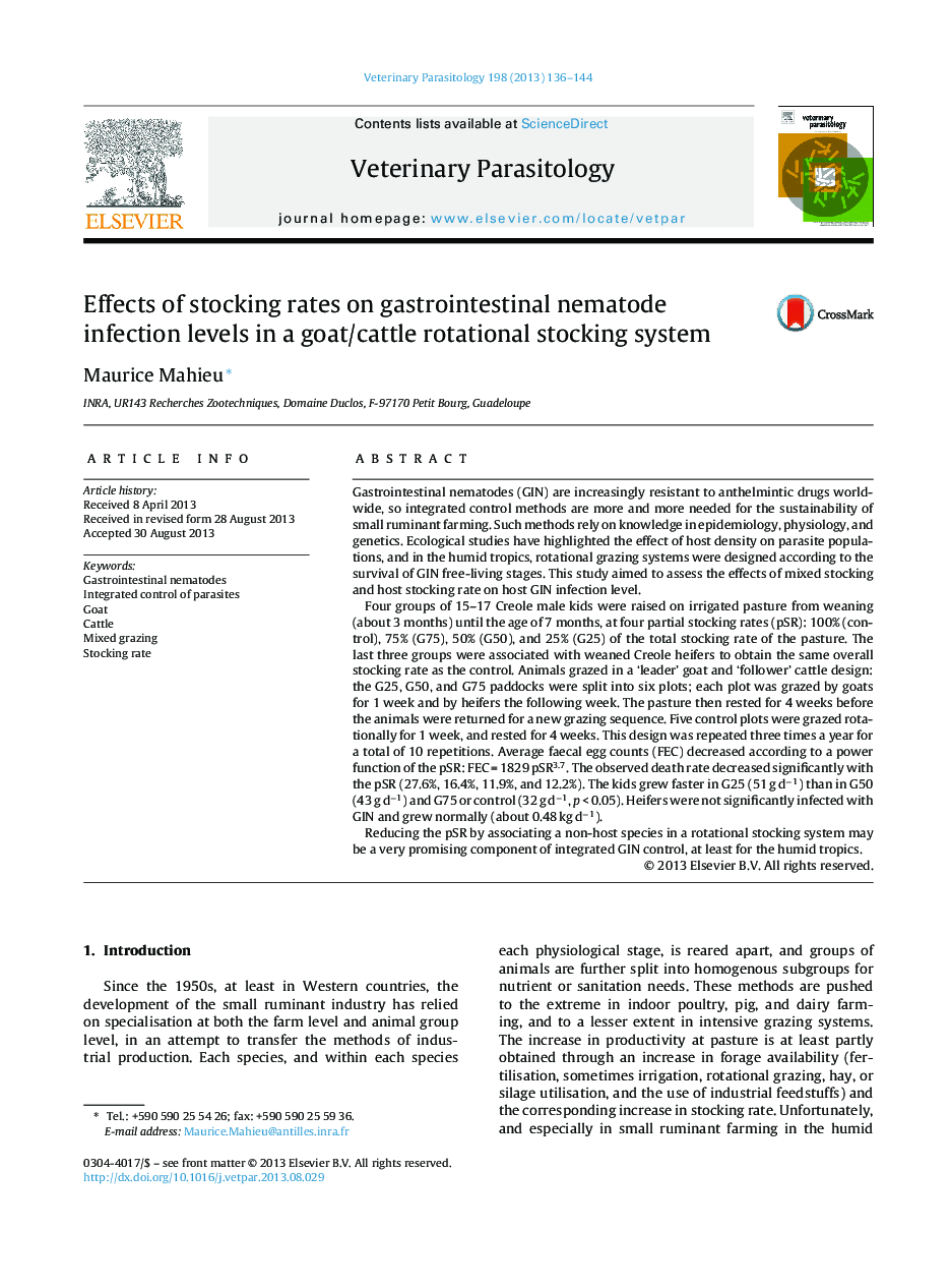 Effects of stocking rates on gastrointestinal nematode infection levels in a goat/cattle rotational stocking system