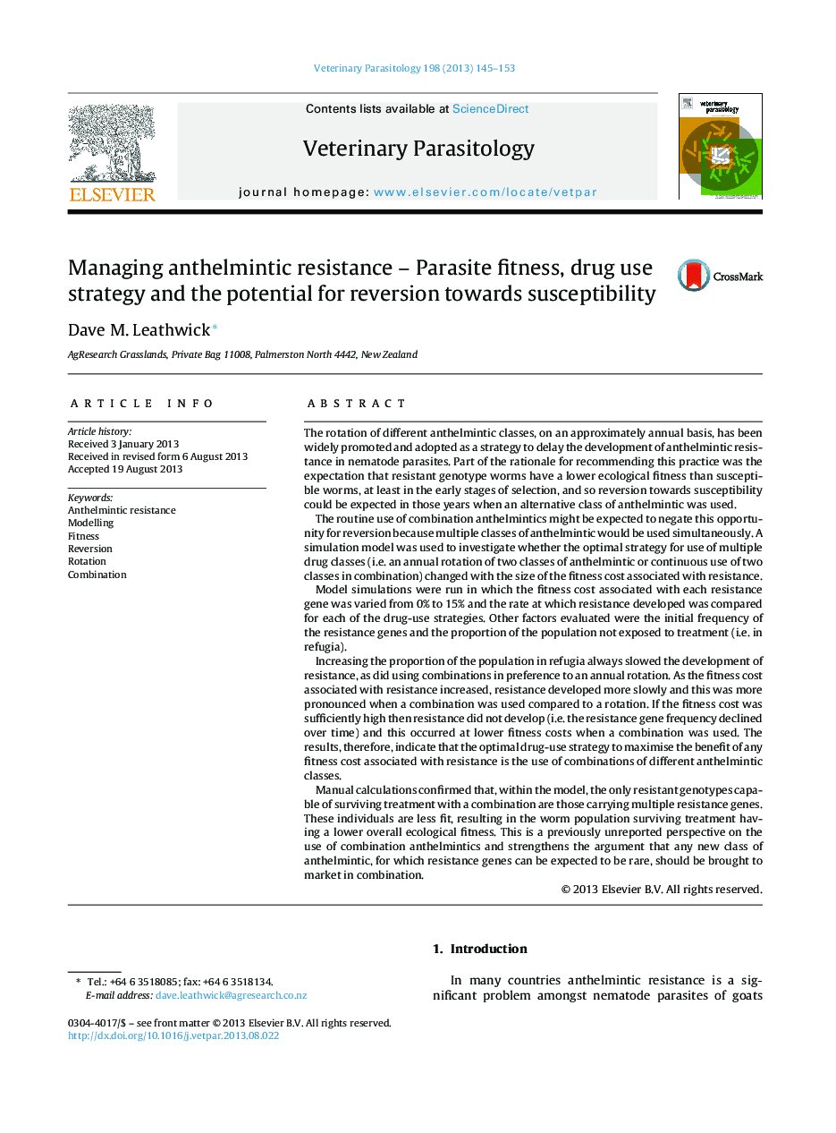 Managing anthelmintic resistance - Parasite fitness, drug use strategy and the potential for reversion towards susceptibility