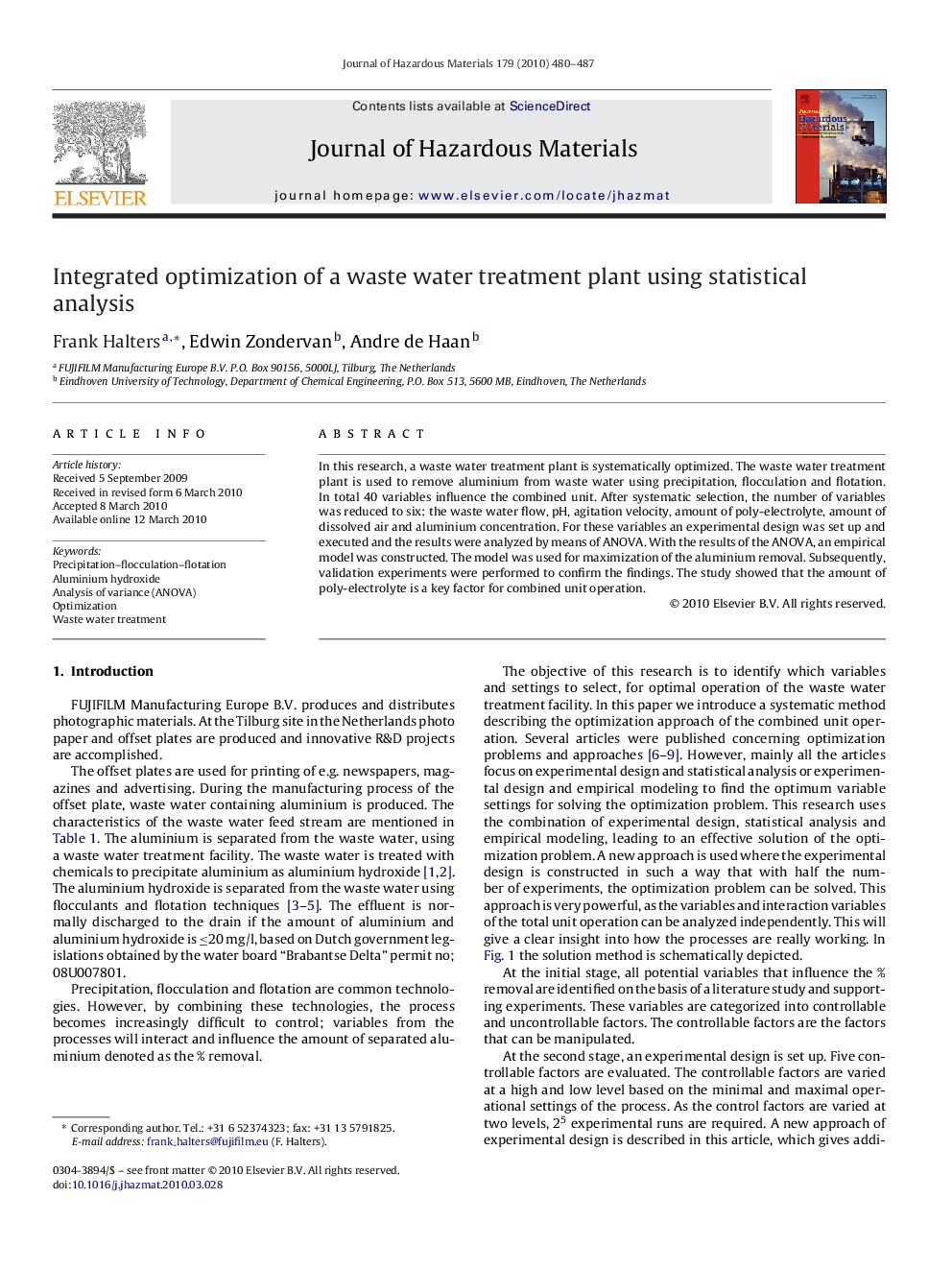 Integrated optimization of a waste water treatment plant using statistical analysis