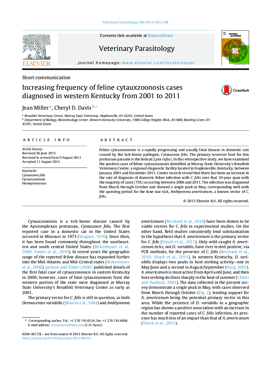 Increasing frequency of feline cytauxzoonosis cases diagnosed in western Kentucky from 2001 to 2011