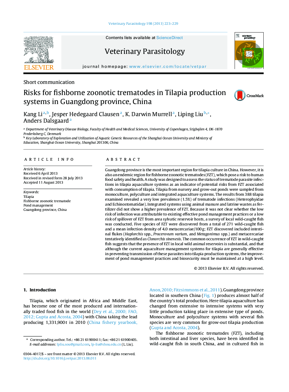 Risks for fishborne zoonotic trematodes in Tilapia production systems in Guangdong province, China