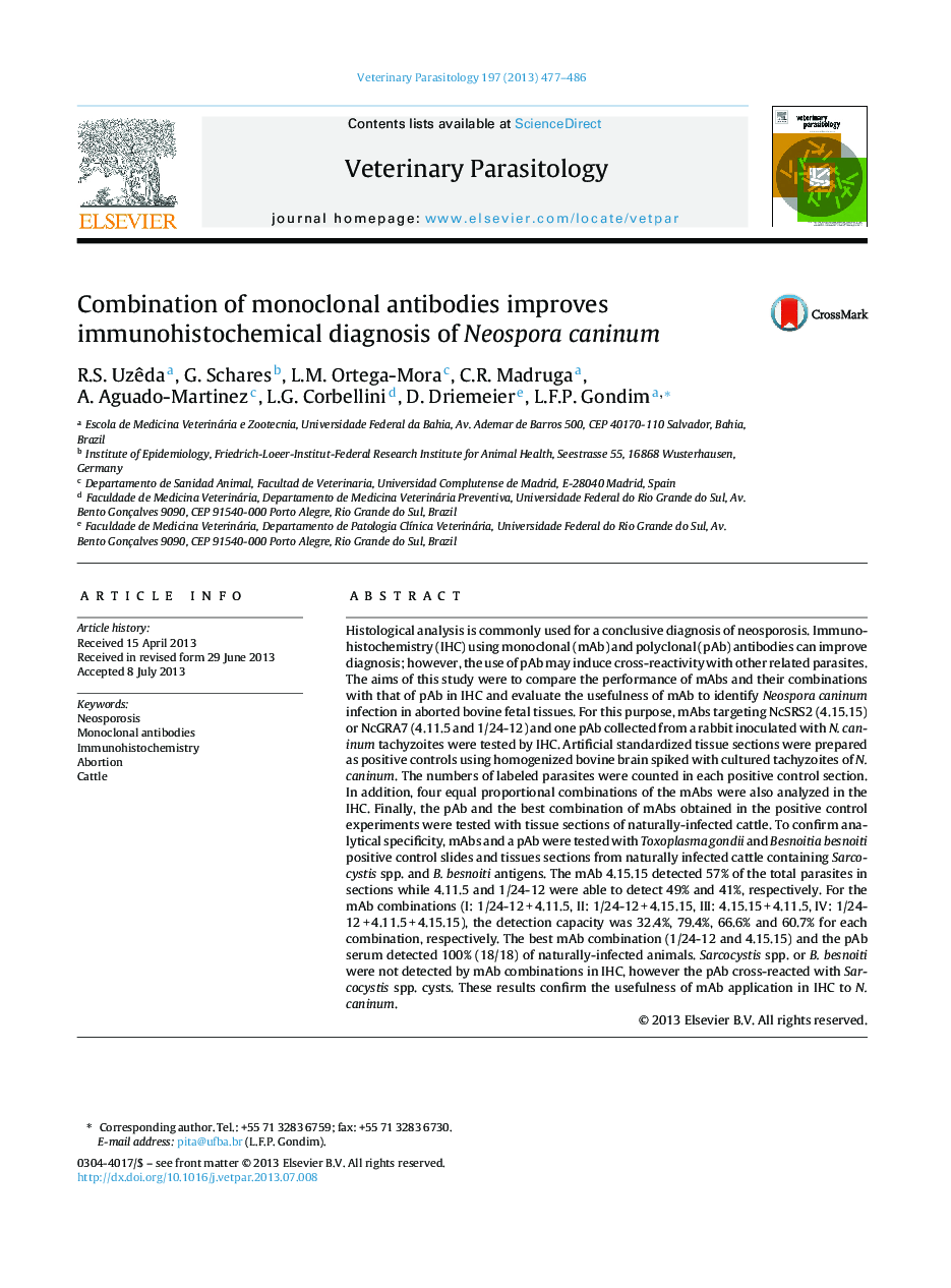 Combination of monoclonal antibodies improves immunohistochemical diagnosis of Neospora caninum