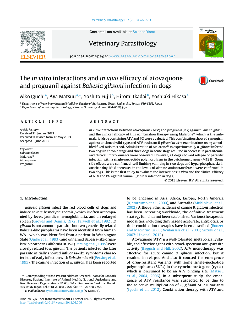 The in vitro interactions and in vivo efficacy of atovaquone and proguanil against Babesia gibsoni infection in dogs