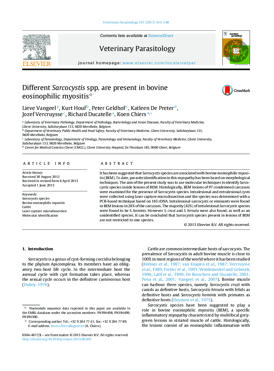 Different Sarcocystis spp. are present in bovine eosinophilic myositis