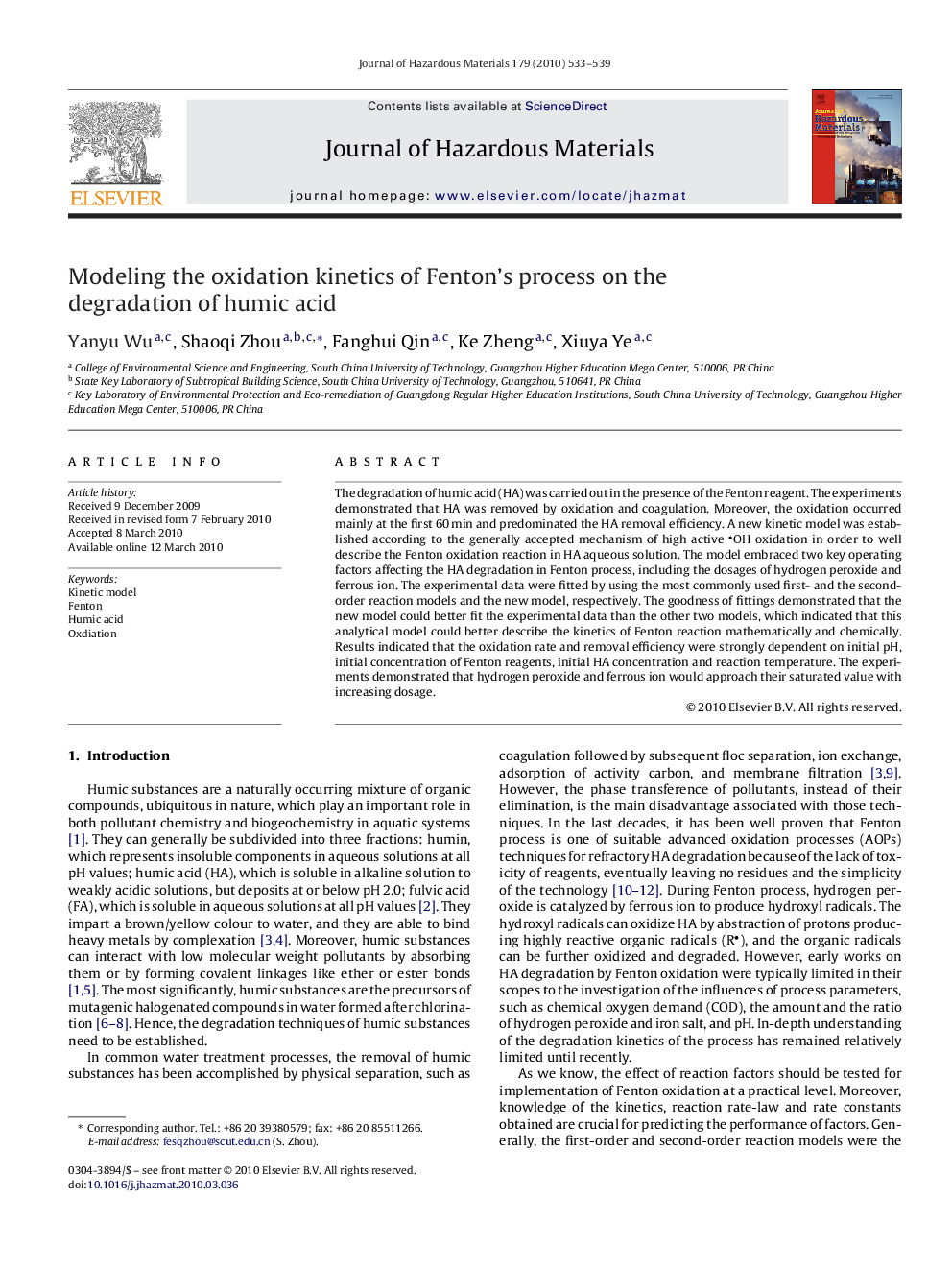 Modeling the oxidation kinetics of Fenton's process on the degradation of humic acid