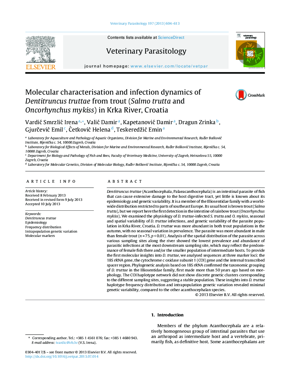 Molecular characterisation and infection dynamics of Dentitruncus truttae from trout (Salmo trutta and Oncorhynchus mykiss) in Krka River, Croatia