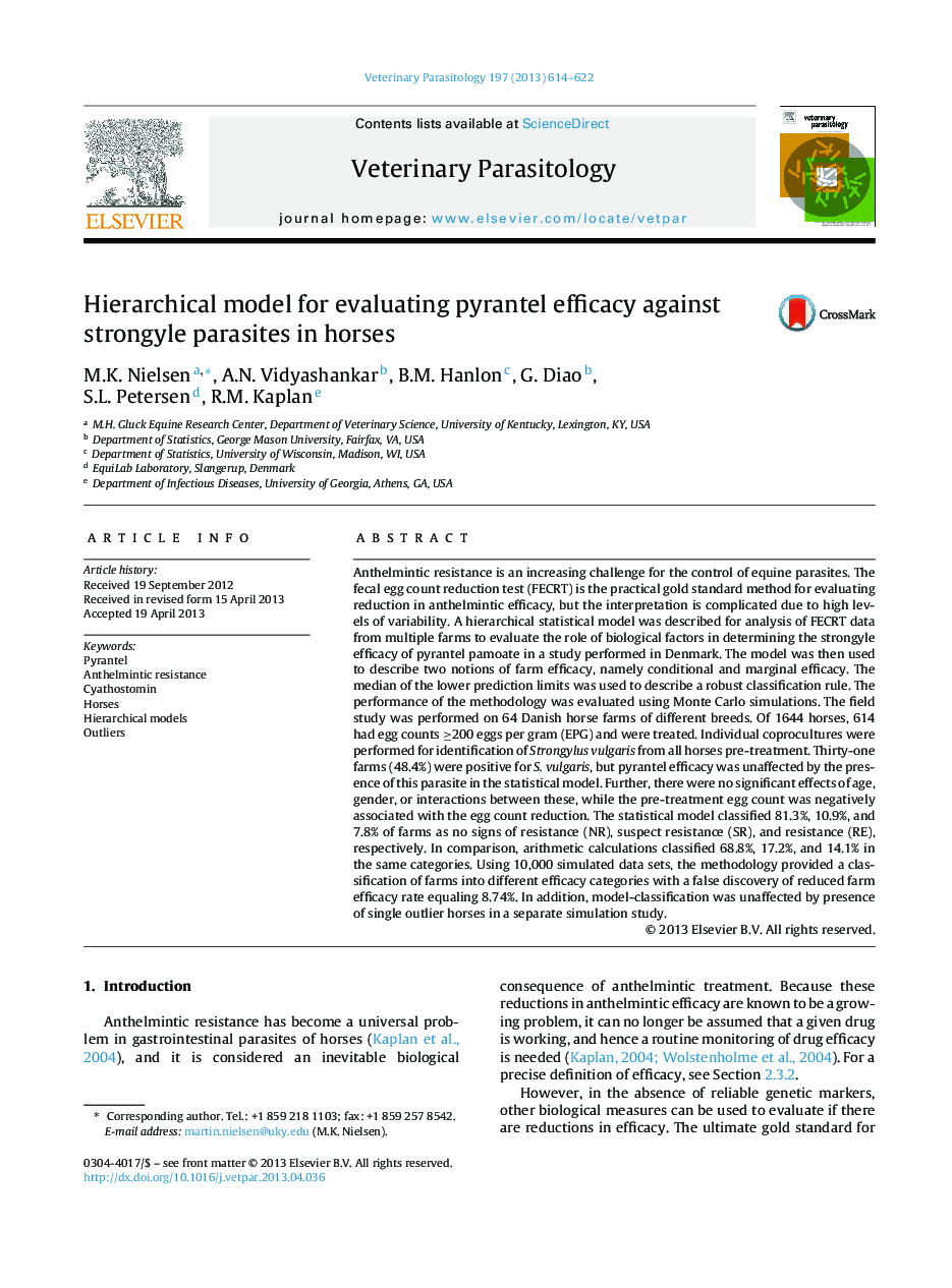Hierarchical model for evaluating pyrantel efficacy against strongyle parasites in horses