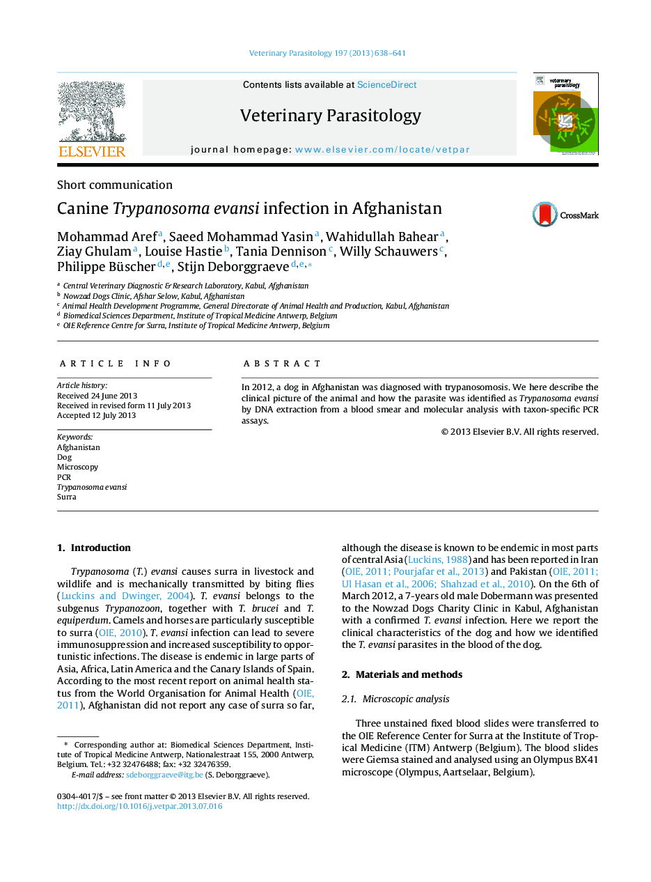 Canine Trypanosoma evansi infection in Afghanistan