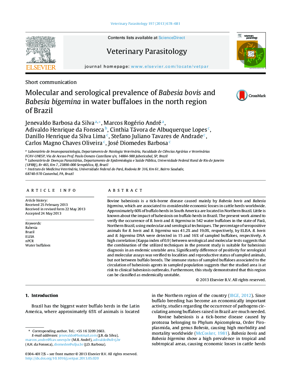 Molecular and serological prevalence of Babesia bovis and Babesia bigemina in water buffaloes in the north region of Brazil