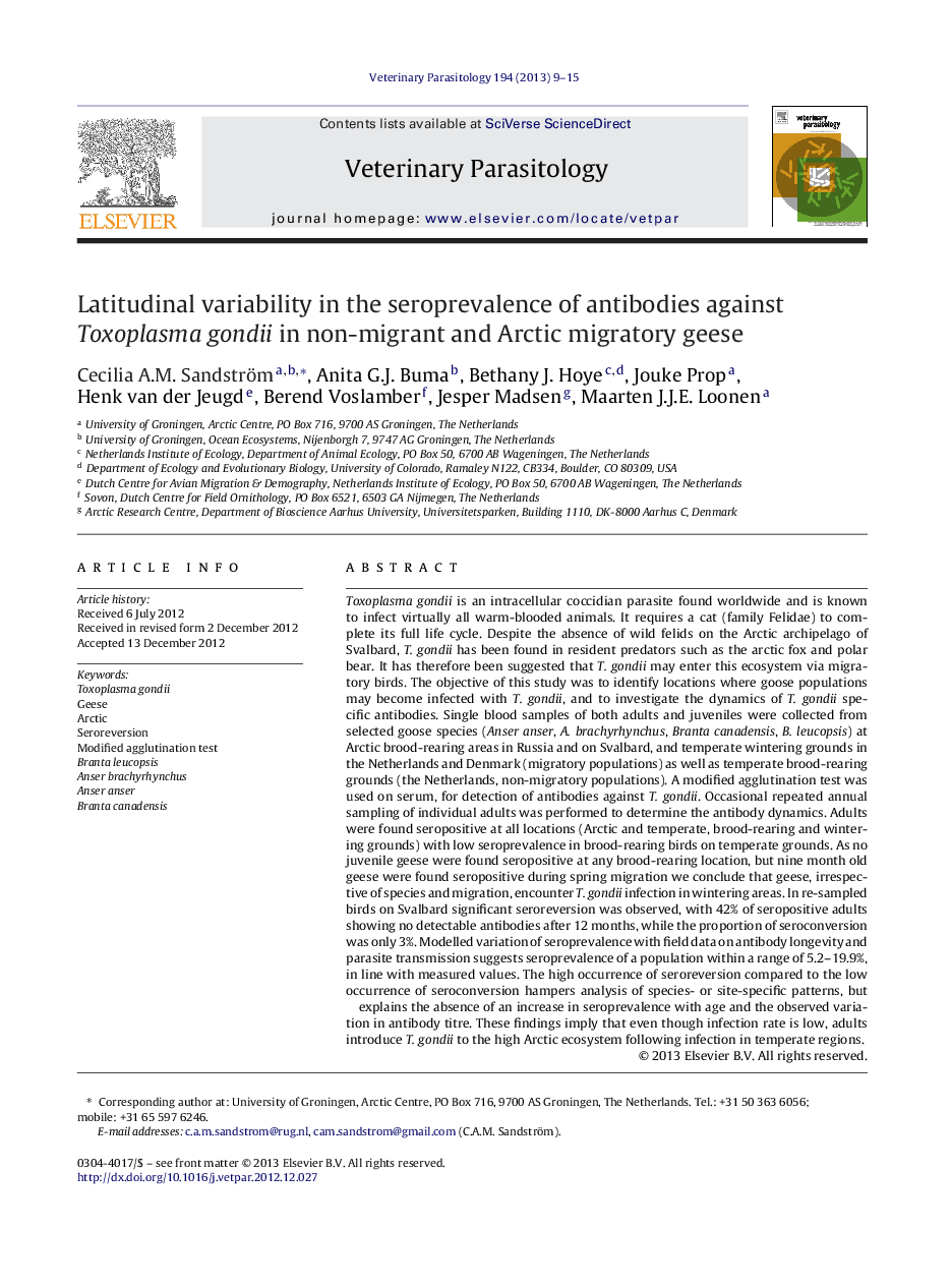 Latitudinal variability in the seroprevalence of antibodies against Toxoplasma gondii in non-migrant and Arctic migratory geese