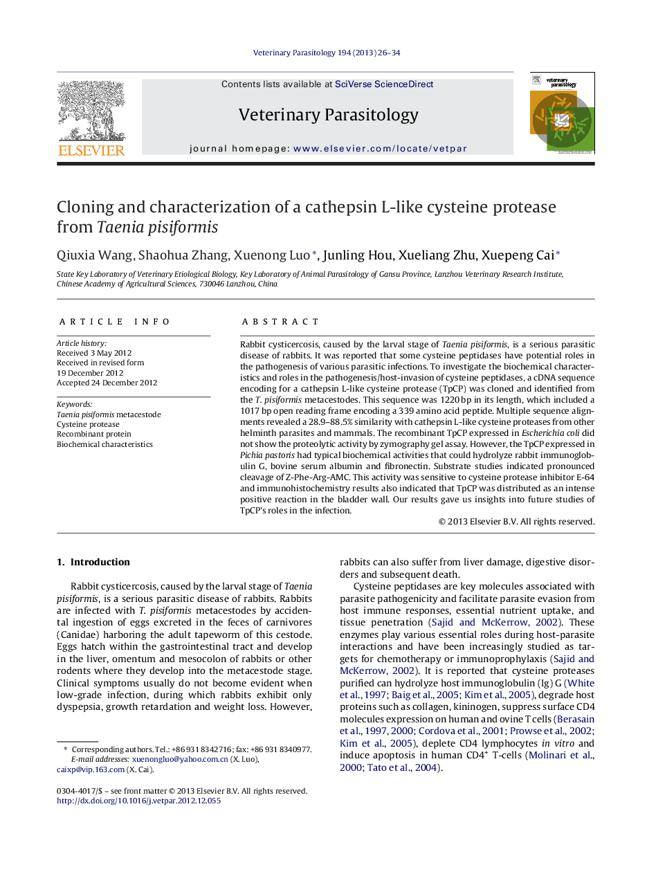 Cloning and characterization of a cathepsin L-like cysteine protease from Taenia pisiformis