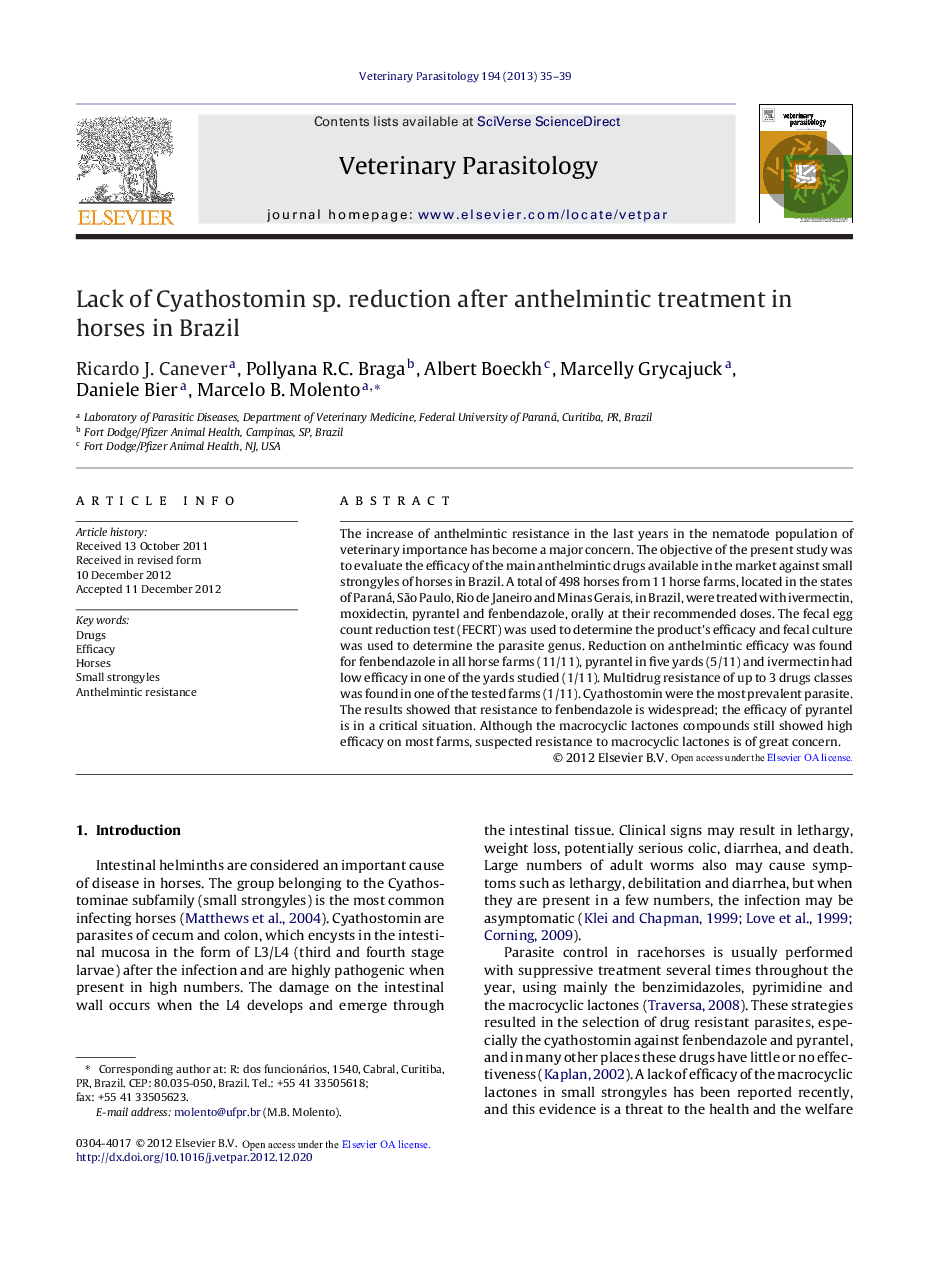 Lack of Cyathostomin sp. reduction after anthelmintic treatment in horses in Brazil