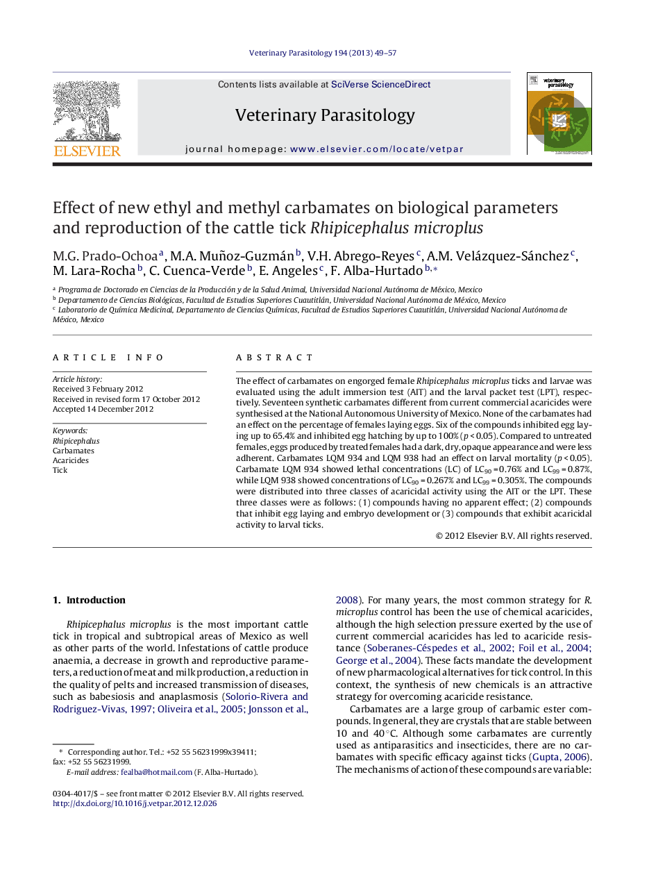 Effect of new ethyl and methyl carbamates on biological parameters and reproduction of the cattle tick Rhipicephalus microplus