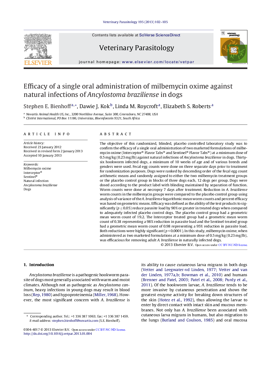 Efficacy of a single oral administration of milbemycin oxime against natural infections of Ancylostoma braziliense in dogs