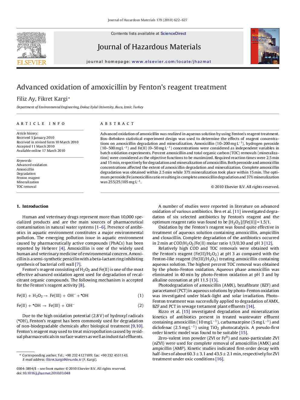 Advanced oxidation of amoxicillin by Fenton's reagent treatment