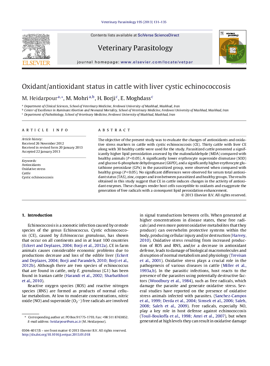 Oxidant/antioxidant status in cattle with liver cystic echinococcosis