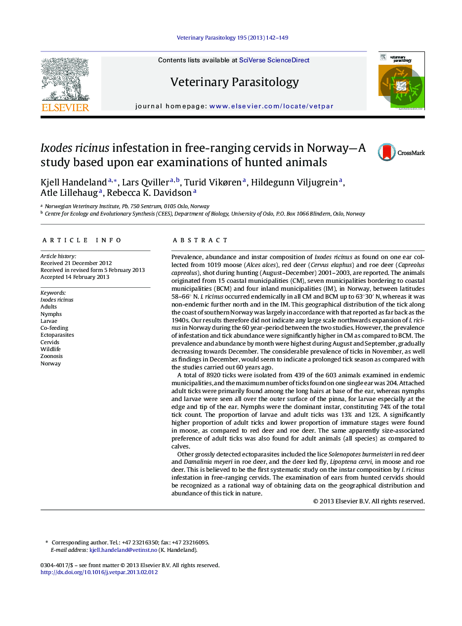 Ixodes ricinus infestation in free-ranging cervids in Norway-A study based upon ear examinations of hunted animals