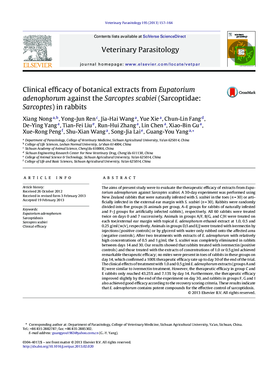 Clinical efficacy of botanical extracts from Eupatorium adenophorum against the Sarcoptes scabiei (Sarcoptidae: Sarcoptes) in rabbits