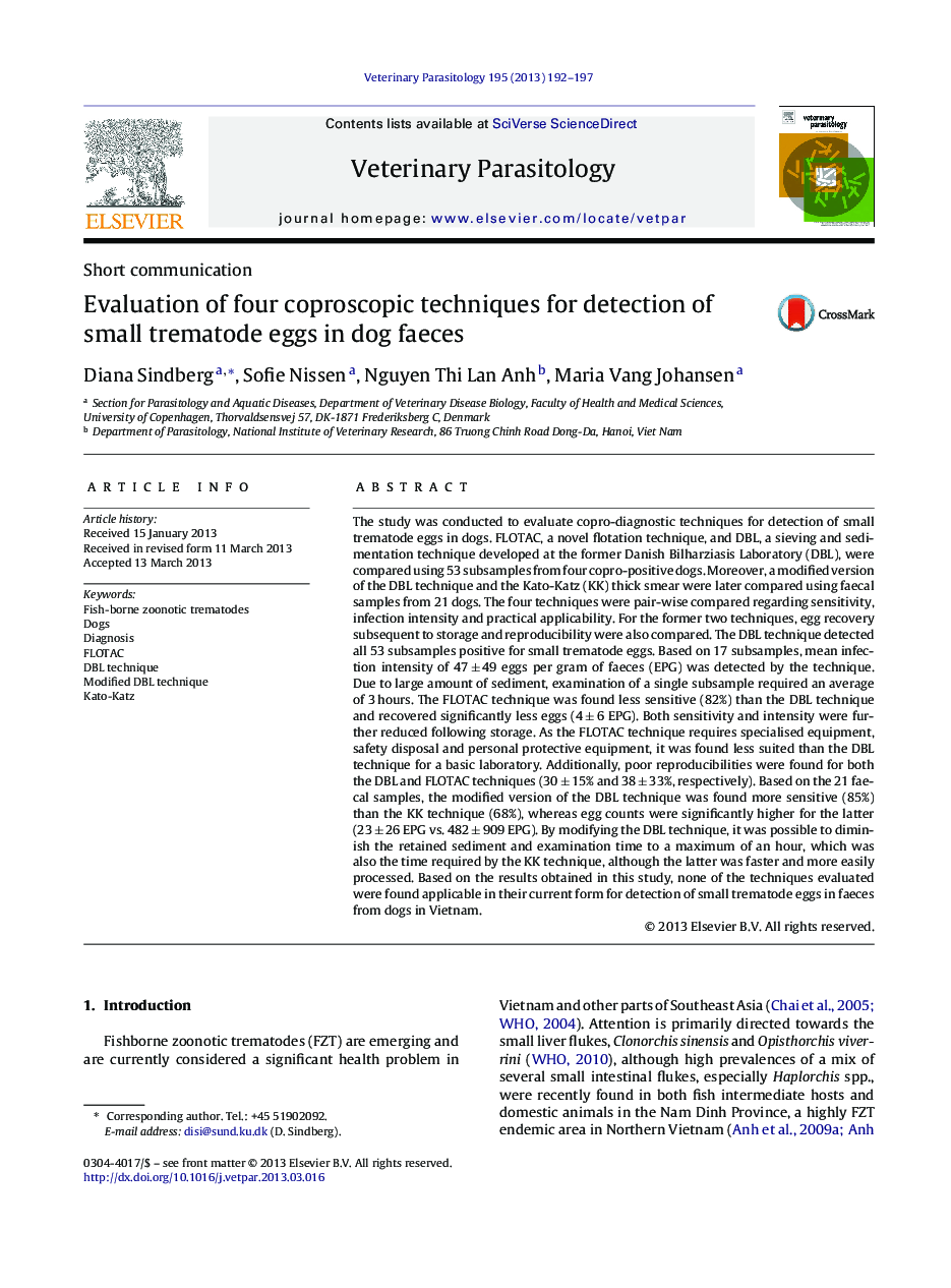 Evaluation of four coproscopic techniques for detection of small trematode eggs in dog faeces