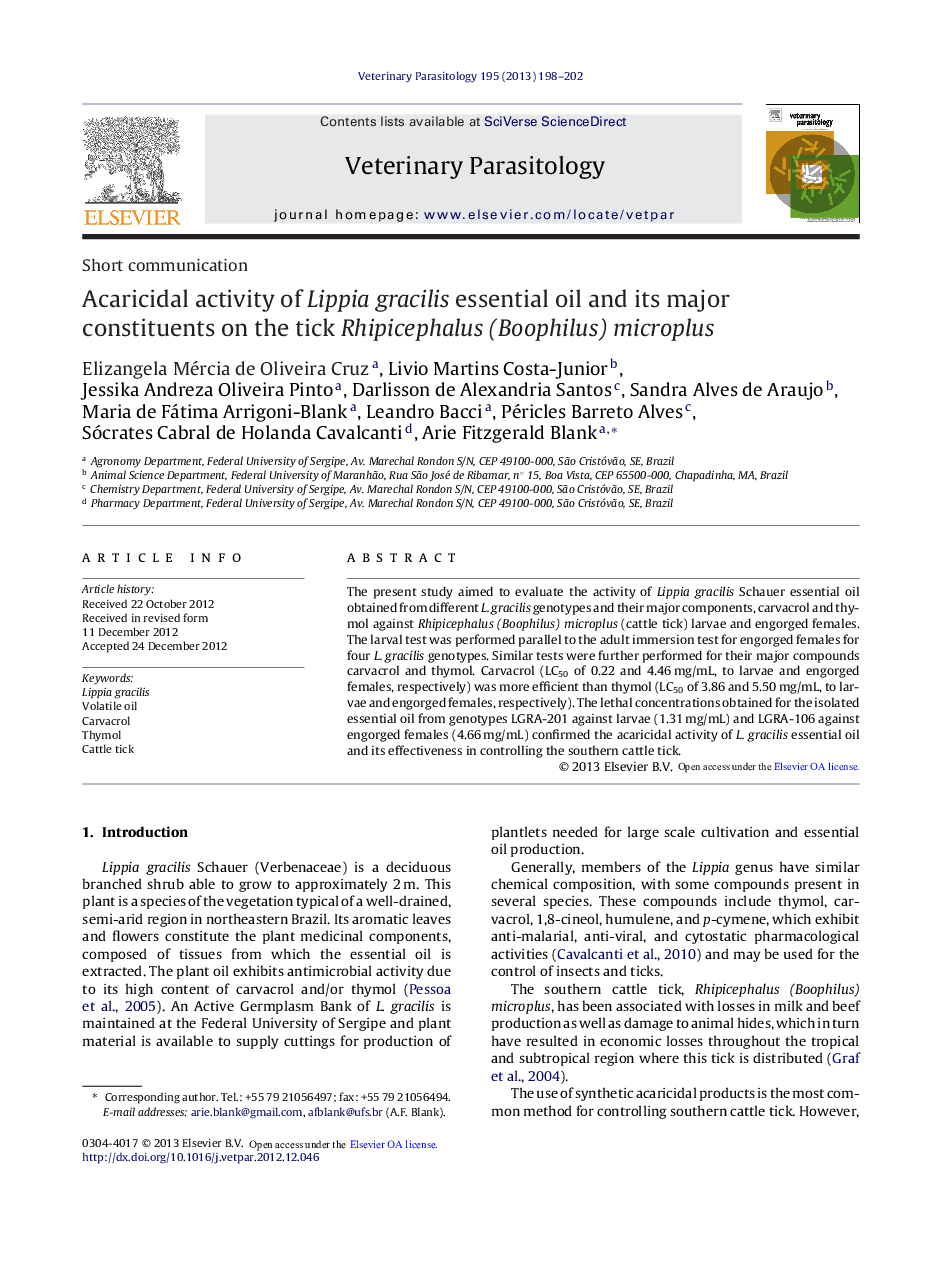 Acaricidal activity of Lippia gracilis essential oil and its major constituents on the tick Rhipicephalus (Boophilus) microplus