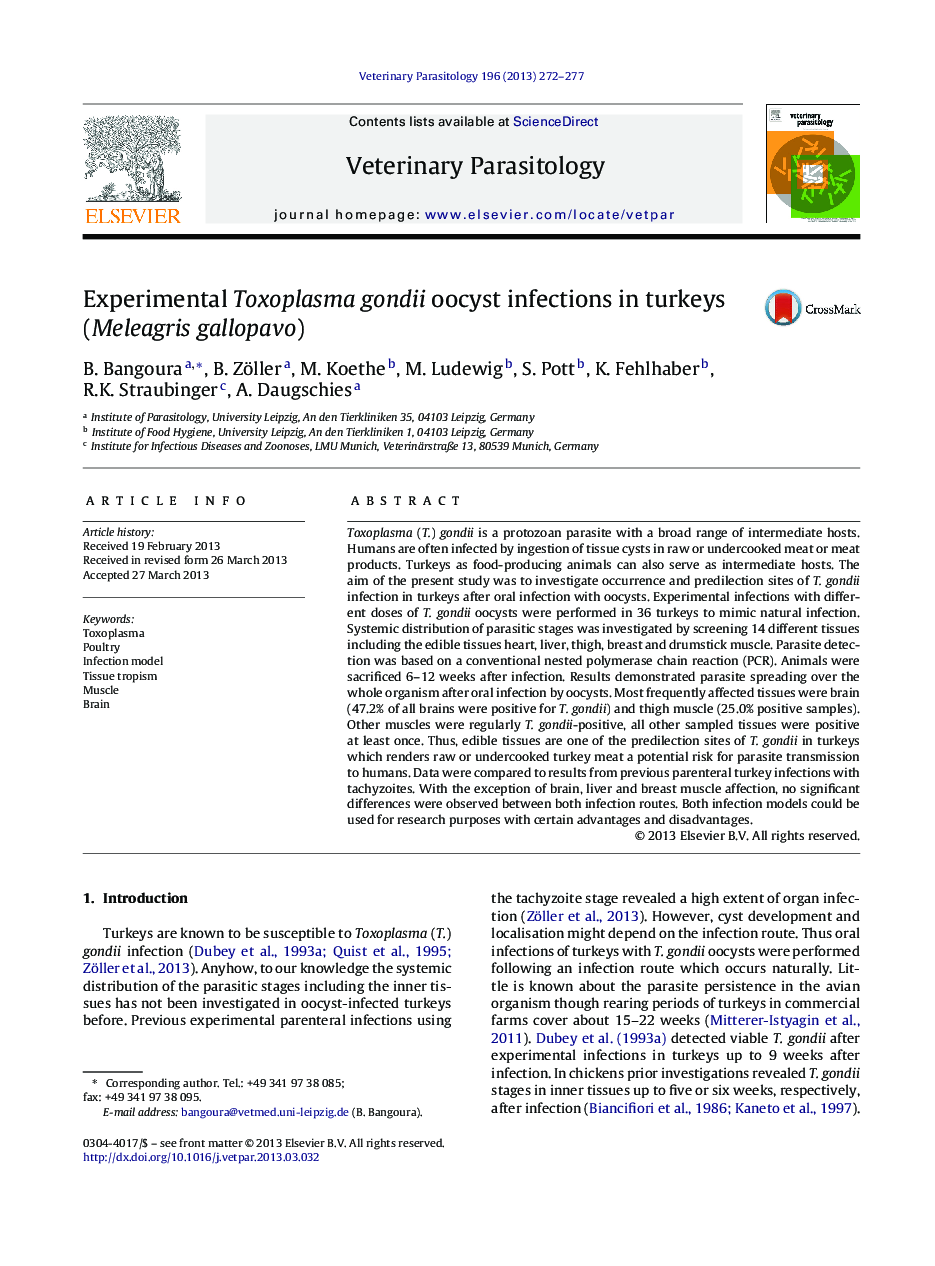 Experimental Toxoplasma gondii oocyst infections in turkeys (Meleagris gallopavo)