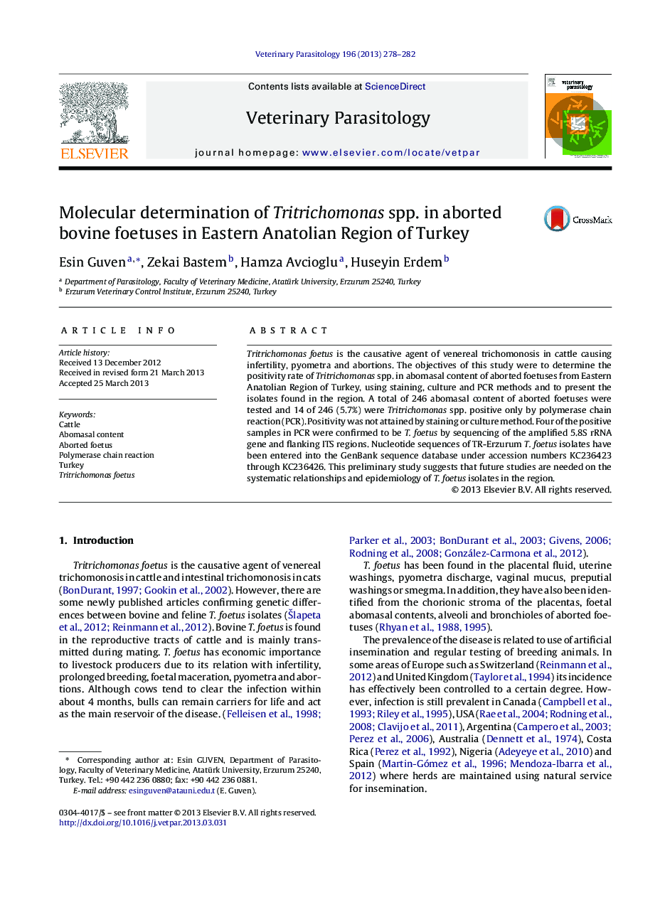 Molecular determination of Tritrichomonas spp. in aborted bovine foetuses in Eastern Anatolian Region of Turkey