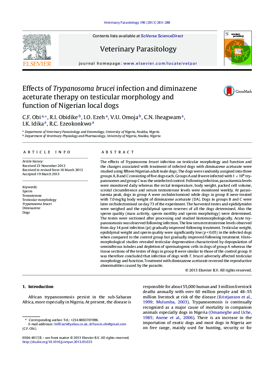 Effects of Trypanosoma brucei infection and diminazene aceturate therapy on testicular morphology and function of Nigerian local dogs