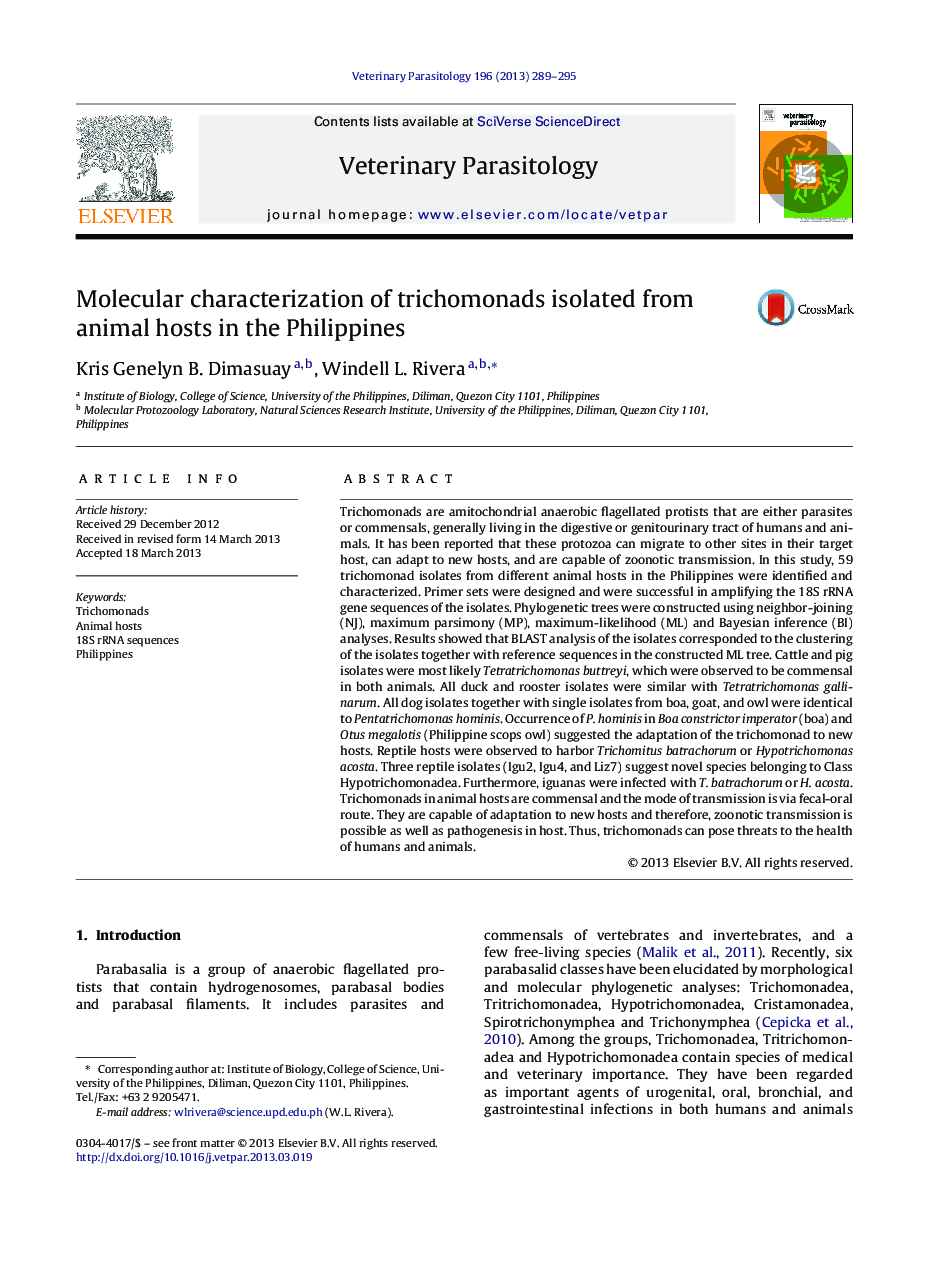 Molecular characterization of trichomonads isolated from animal hosts in the Philippines