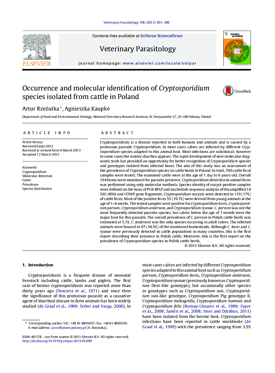 Occurrence and molecular identification of Cryptosporidium species isolated from cattle in Poland