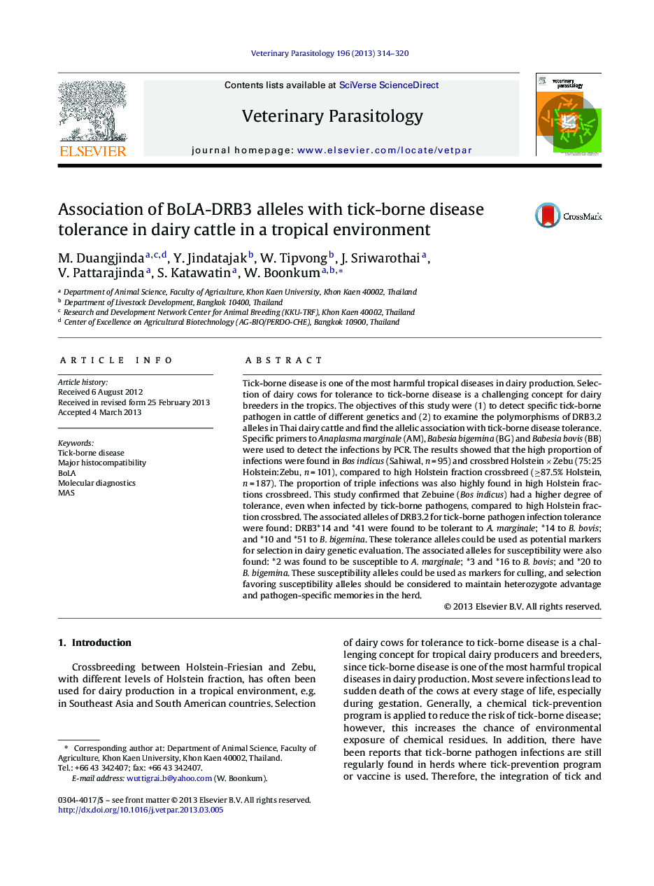 Association of BoLA-DRB3 alleles with tick-borne disease tolerance in dairy cattle in a tropical environment