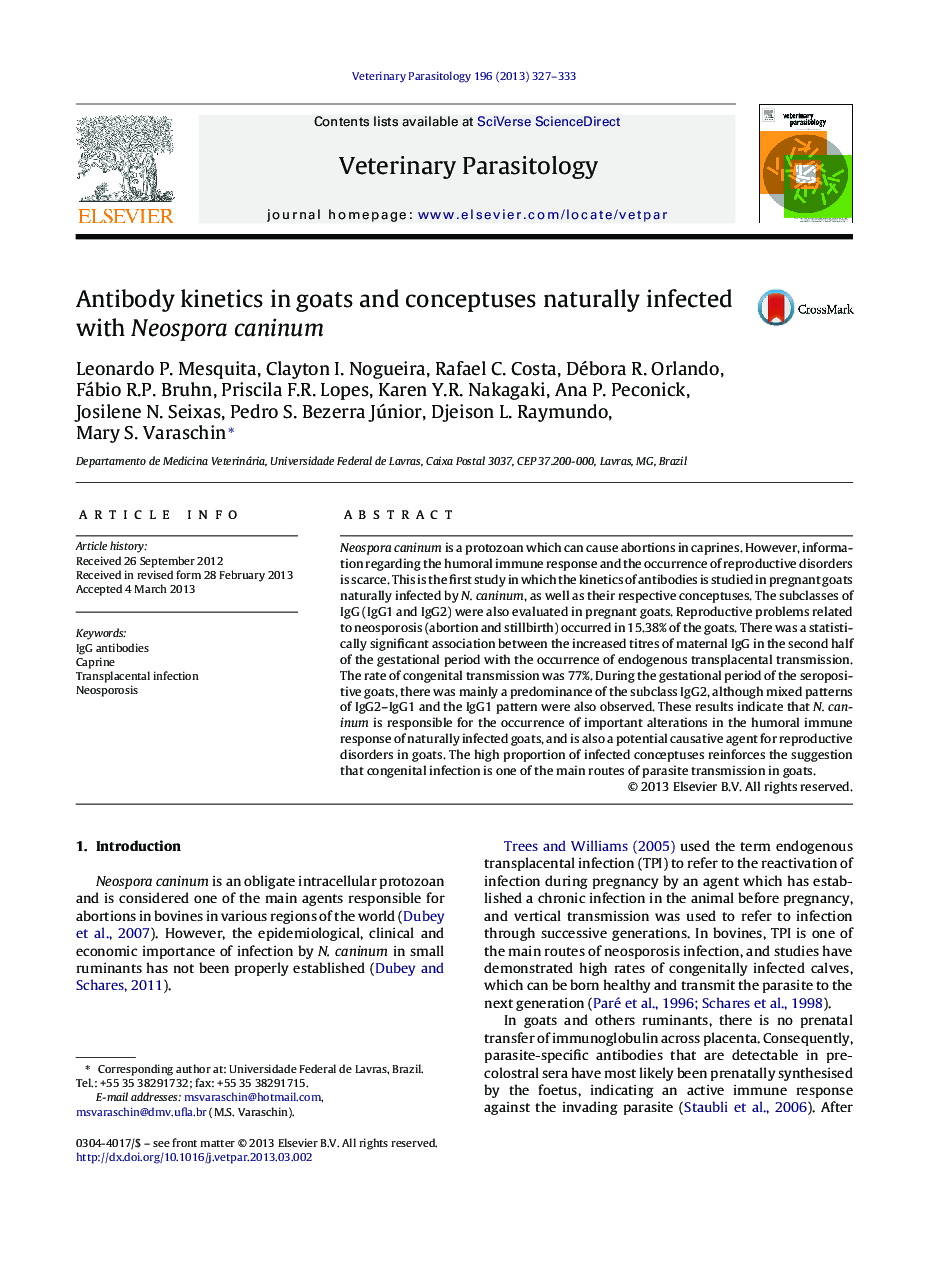 Antibody kinetics in goats and conceptuses naturally infected with Neospora caninum