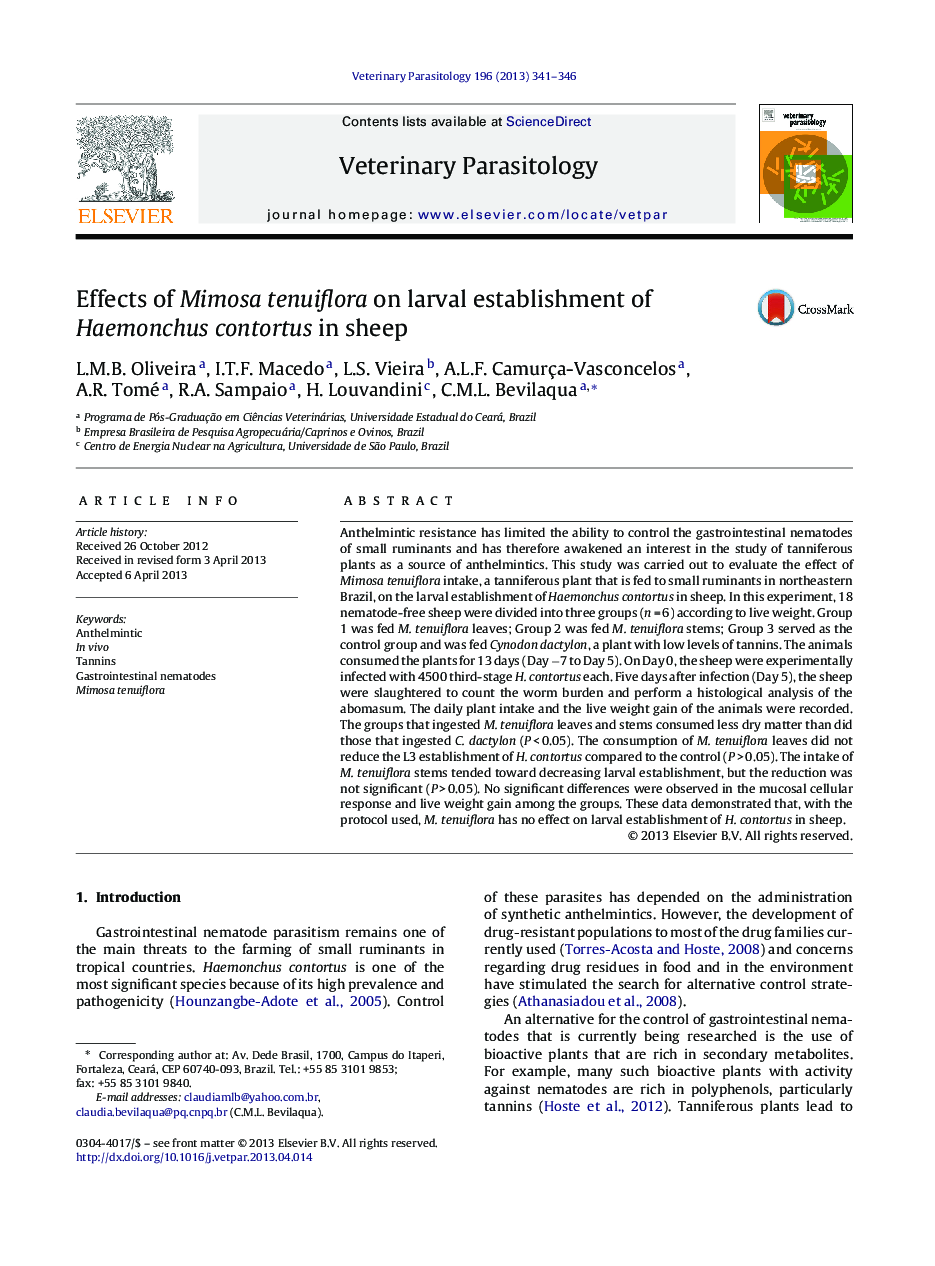 Effects of Mimosa tenuiflora on larval establishment of Haemonchus contortus in sheep