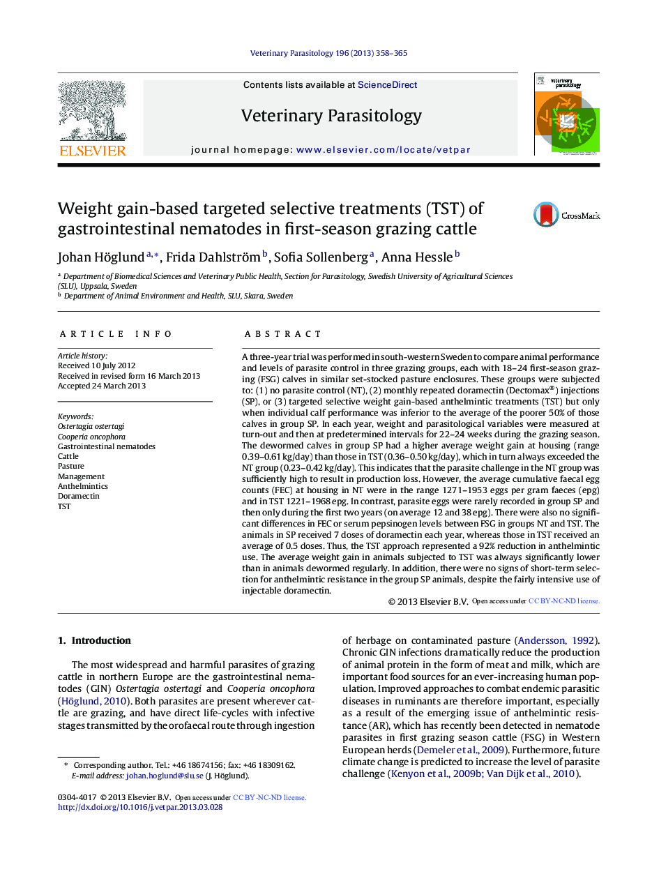 Weight gain-based targeted selective treatments (TST) of gastrointestinal nematodes in first-season grazing cattle