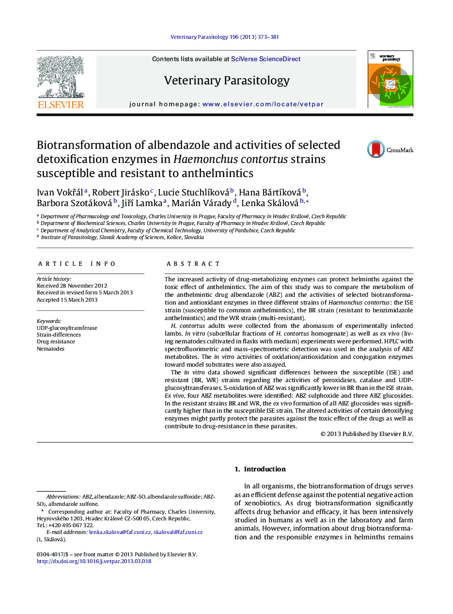 Biotransformation of albendazole and activities of selected detoxification enzymes in Haemonchus contortus strains susceptible and resistant to anthelmintics