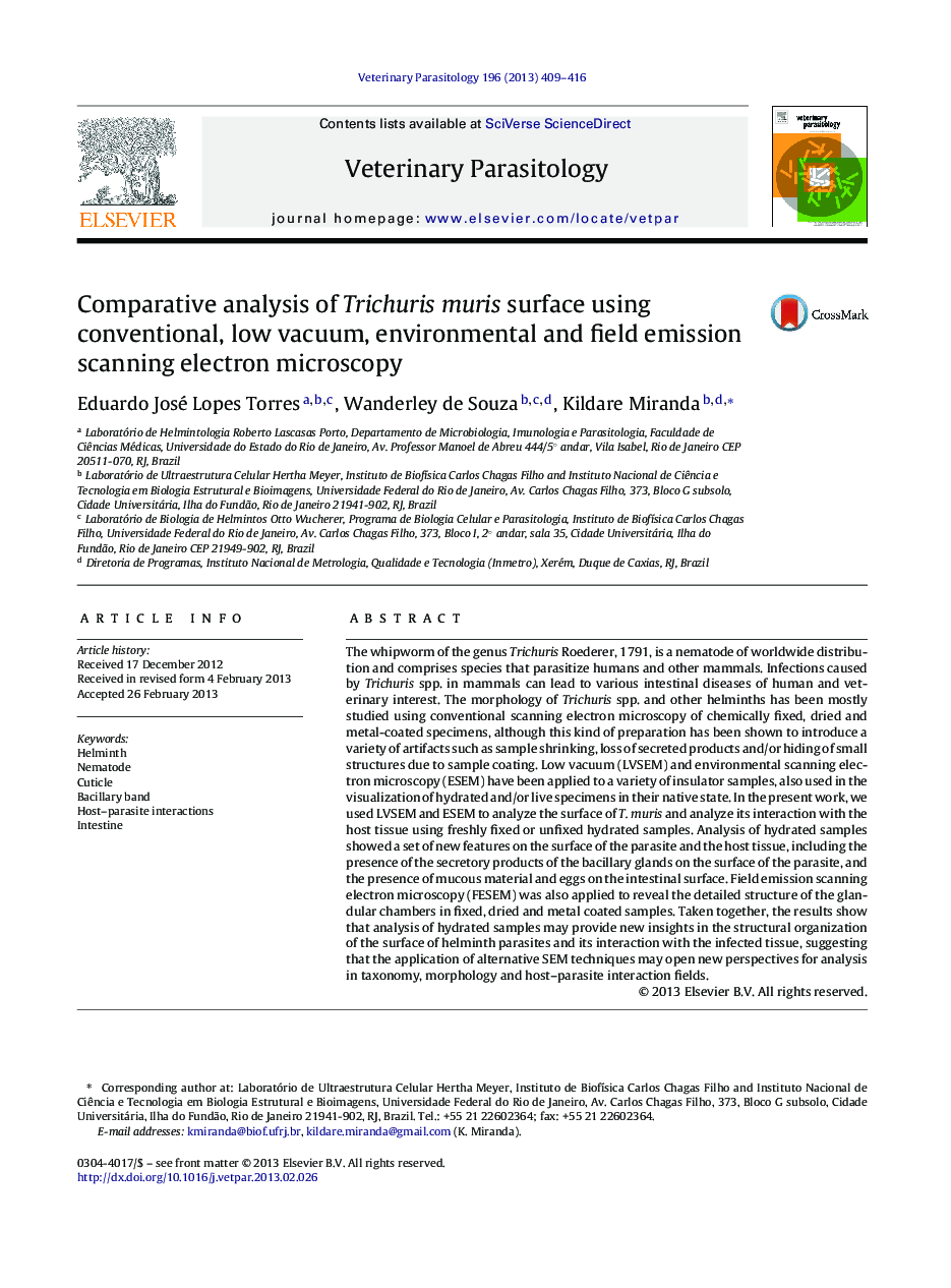 Comparative analysis of Trichuris muris surface using conventional, low vacuum, environmental and field emission scanning electron microscopy