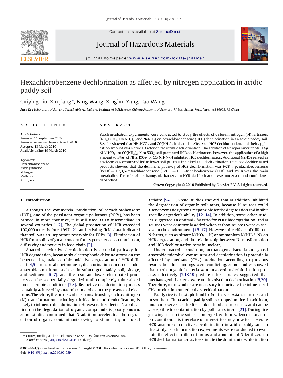 Hexachlorobenzene dechlorination as affected by nitrogen application in acidic paddy soil