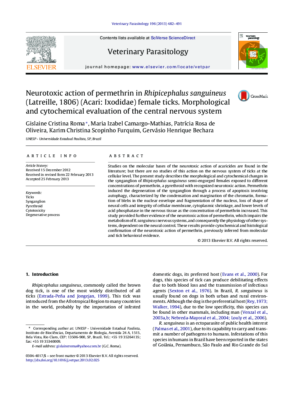 Neurotoxic action of permethrin in Rhipicephalus sanguineus (Latreille, 1806) (Acari: Ixodidae) female ticks. Morphological and cytochemical evaluation of the central nervous system