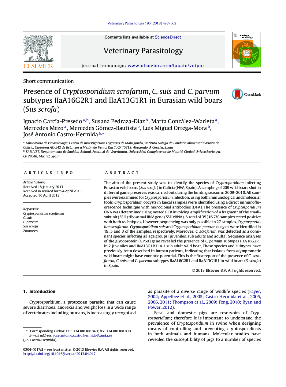 Presence of Cryptosporidium scrofarum, C. suis and C. parvum subtypes IIaA16G2R1 and IIaA13G1R1 in Eurasian wild boars (Sus scrofa)