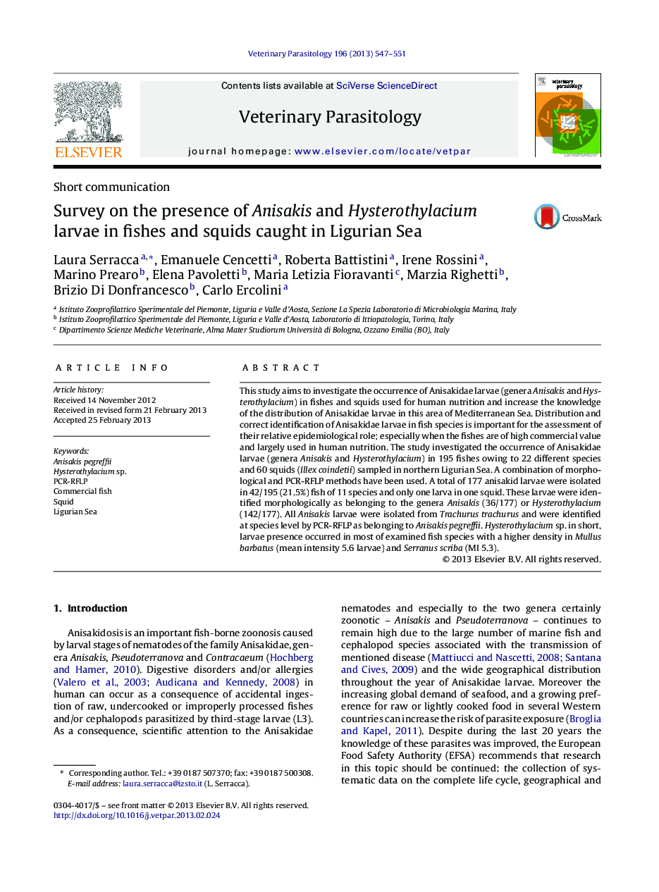 Survey on the presence of Anisakis and Hysterothylacium larvae in fishes and squids caught in Ligurian Sea