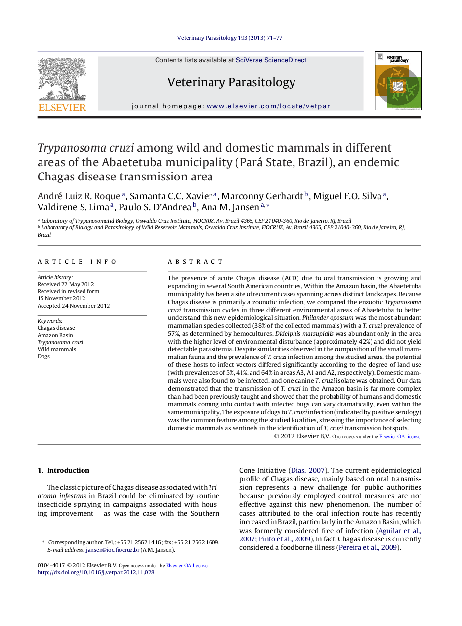 Trypanosoma cruzi among wild and domestic mammals in different areas of the Abaetetuba municipality (Pará State, Brazil), an endemic Chagas disease transmission area