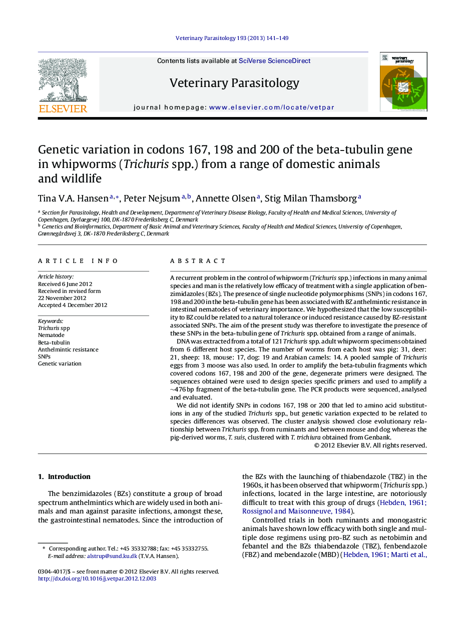 Genetic variation in codons 167, 198 and 200 of the beta-tubulin gene in whipworms (Trichuris spp.) from a range of domestic animals and wildlife