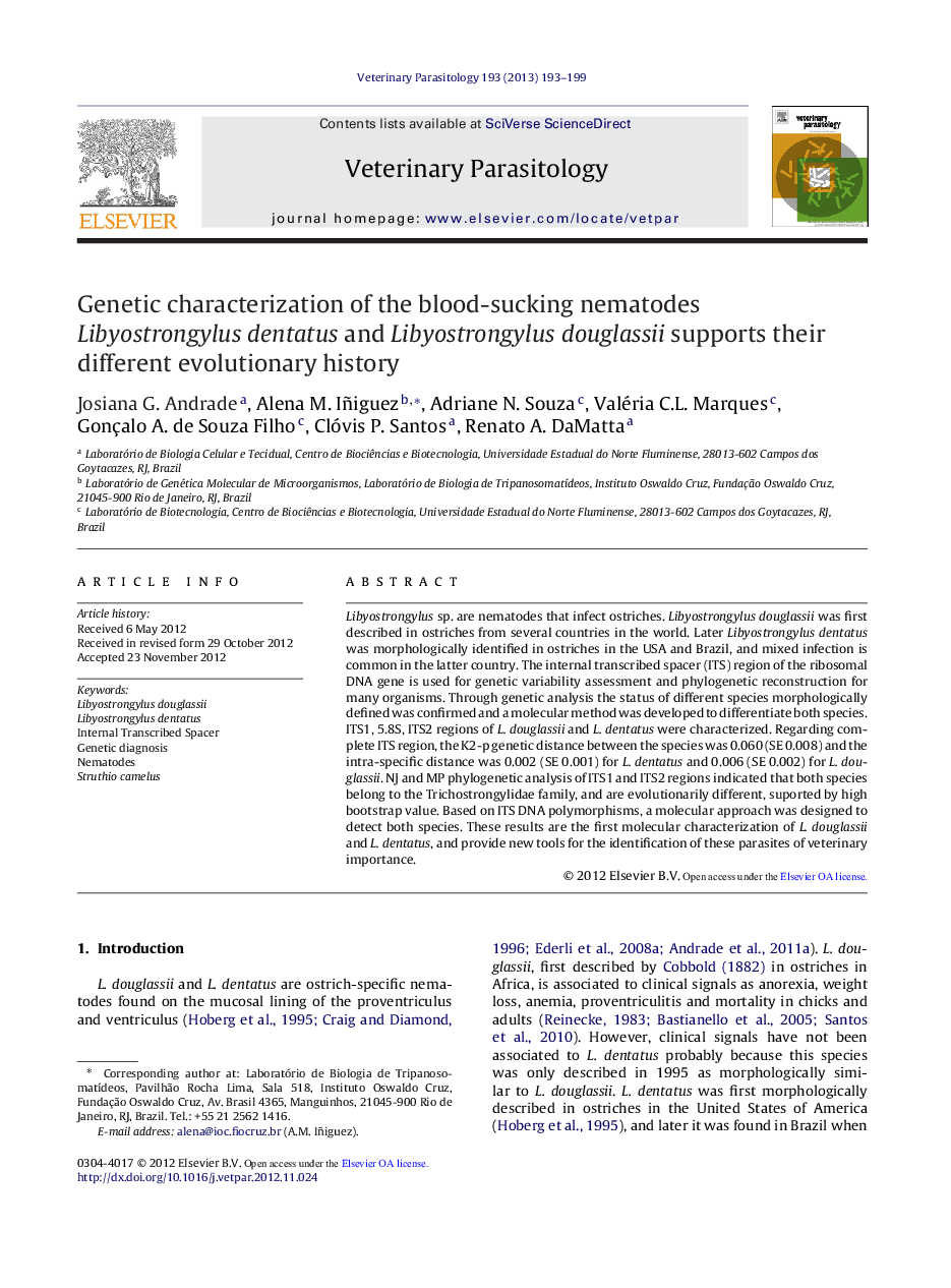 Genetic characterization of the blood-sucking nematodes Libyostrongylus dentatus and Libyostrongylus douglassii supports their different evolutionary history