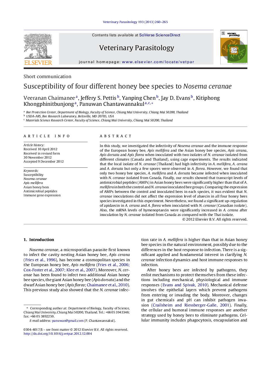 Susceptibility of four different honey bee species to Nosema ceranae