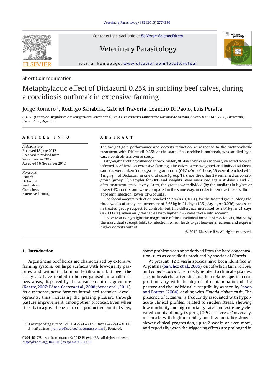 Metaphylactic effect of Diclazuril 0.25% in suckling beef calves, during a coccidiosis outbreak in extensive farming