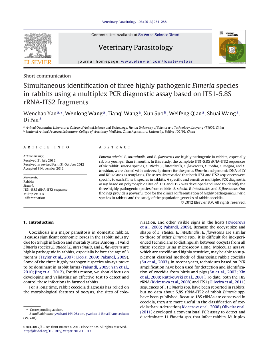 Simultaneous identification of three highly pathogenic Eimeria species in rabbits using a multiplex PCR diagnostic assay based on ITS1-5.8S rRNA-ITS2 fragments