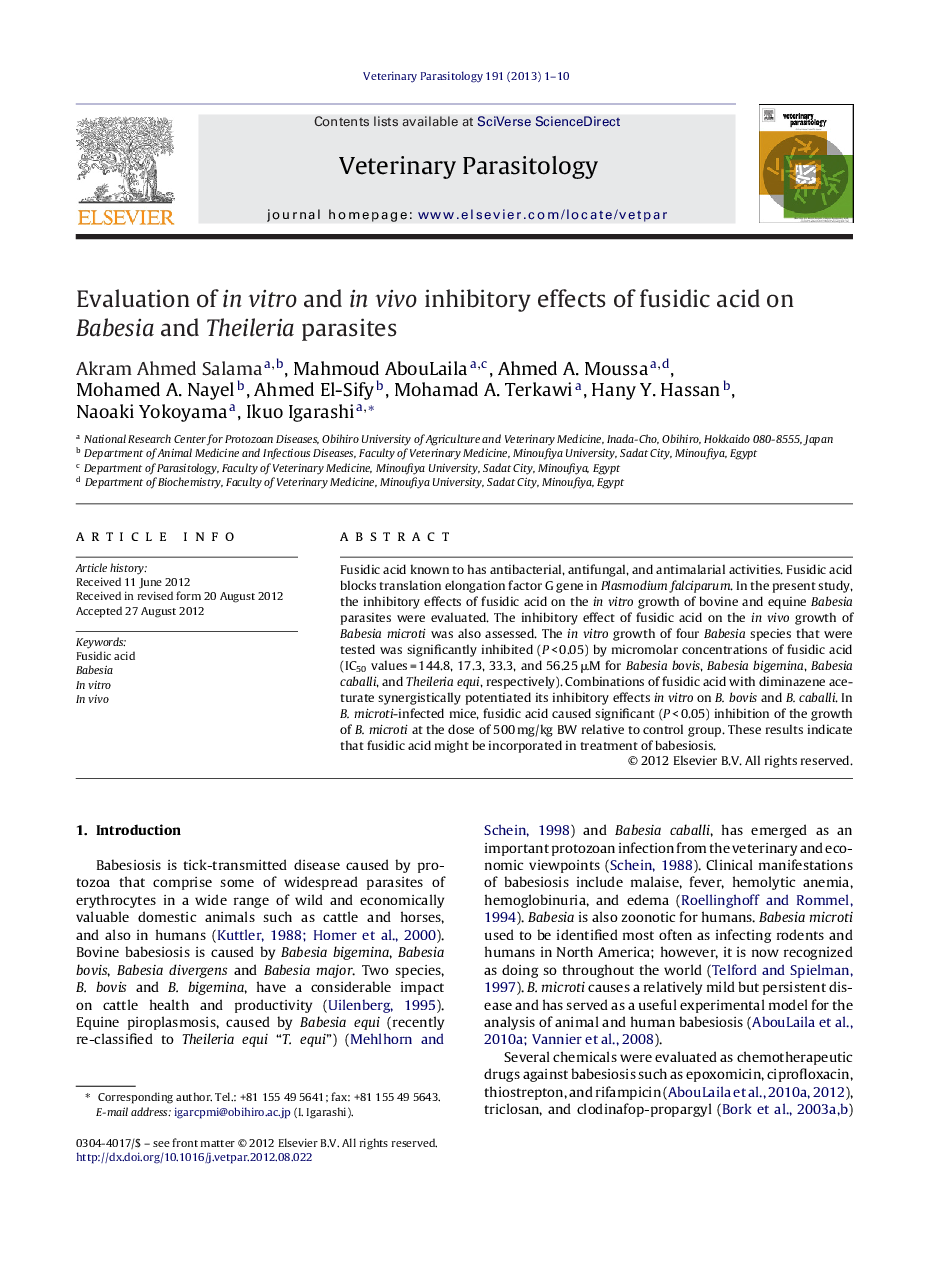 Evaluation of in vitro and in vivo inhibitory effects of fusidic acid on Babesia and Theileria parasites