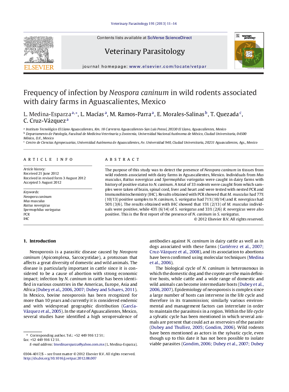 Frequency of infection by Neospora caninum in wild rodents associated with dairy farms in Aguascalientes, Mexico